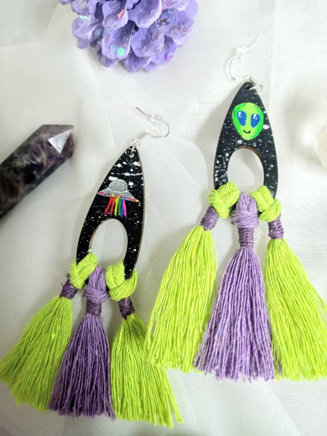 Hand Painted Alien and Flying Saucer Earrings, Macrame Earrings, Green ...