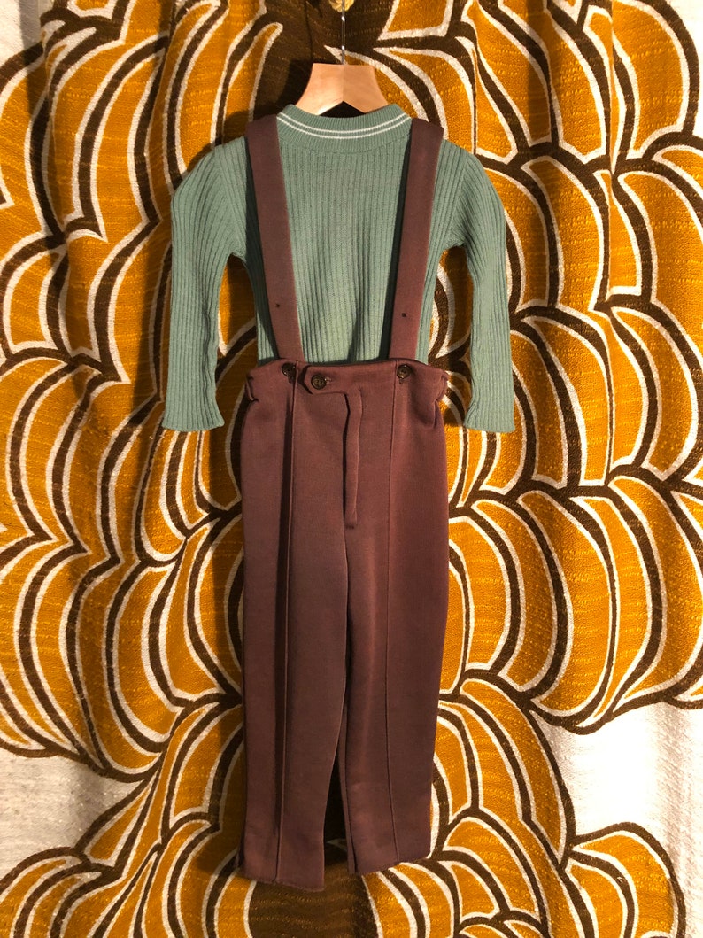 1970\u2019s Unisex kids Brown ski pant trouser with suspender straps.