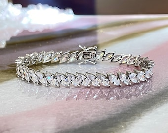 ADIRFINE 925 Sterling Silver Marquise Cut Cubic Zirconia Tennis Bracelet