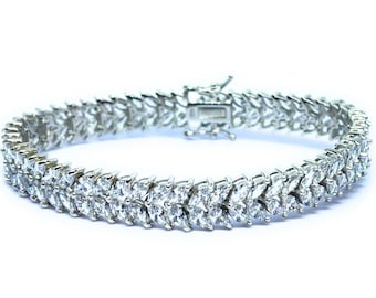ADIRFINE 925 Sterling Silver Double Row Marquise Cut Cubic Zirconia Tennis Bracelet