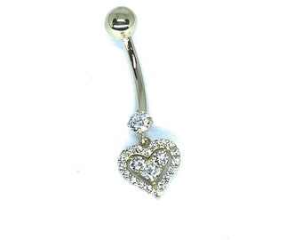 ADIRFINE 14K Solid Gold Banana Bar Heart Belly Button Ring