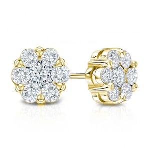 ADIRFINE 14K Solid Gold Cubic Zirconia Cluster Flower Pushback Stud Earrings