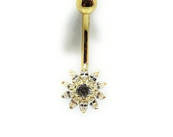 ADIRFINE 14K Solid Gold Banana Bar Flower Belly Button Ring