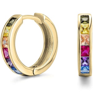 ADIRFINE 18K Gold Plated Rainbow Colored Princess Cut Cubic Zirconia Huggie Hoop Earrings