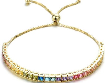 ADIRFINE 18K Gold Plated Multi Colored Cubic Zirconia Adjustable Bolo Tennis Bracelet