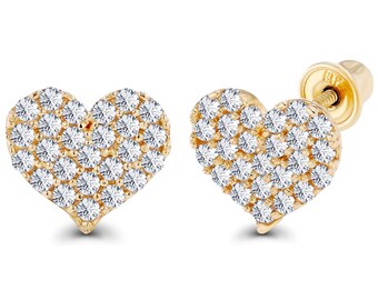 ADIRFINE 14K Solid Gold Micro Pave Cubic Zirconia Heart Screw-backs Studs Earrings