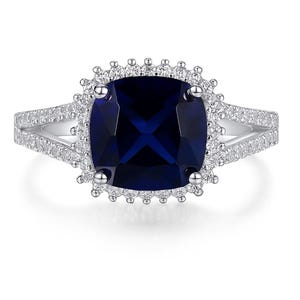 Sterling Silver Cushion Cut Sapphire Halo Ring