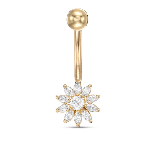 ADIRFINE 14K Solid Gold Banana Bar Flower Belly Button Ring. 14k Gold Cluster CZ Navel Belly Ring. Barbell Belly Ring.