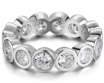 ADIRFINE 925 Sterling Silver 4MM Round Brilliant Cut Bezel Set Eternity Band Ring
