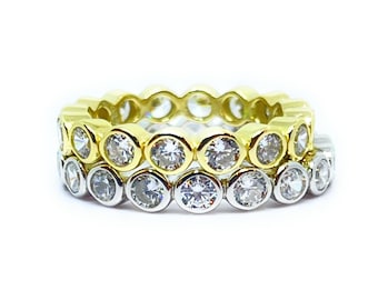 ADIRFINE 925 Sterling Silver Eternity Band /  3MM Round Brilliant Cut Bezel Set Eternity Ring