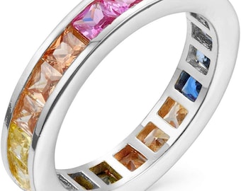 Sterling Silver Rainbow CZ Eternity Band - Princess Cut