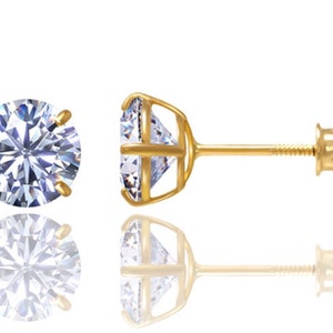 ADIRFINE 14K Solid Yellow Gold Basket Set Round CZ Stud Earrings, Screw back Cz Studs, Sleeper Cz Studs, Kids Adult Unisex Cz Studs