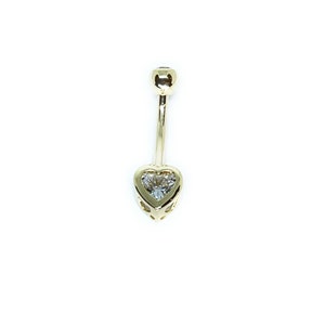 ADIRFINE 14K Solid Gold Banana Bar Heart Belly Button Ring. Gold Navel Belly Ring. CZ Heart Barbell Belly Ring.