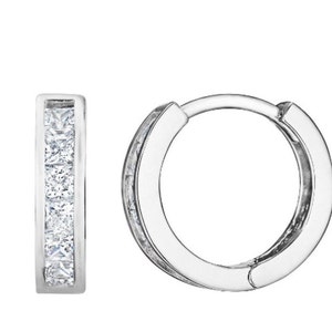 ADIRFINE 14K Solid White Gold Channel Set Square Cubic Zirconia Huggie Hoop Earrings