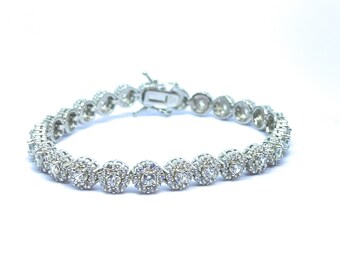 ADIRFINE 925 Sterling Silver Round Brilliant Cut Cubic Zirconia Halo Tennis Bracelet