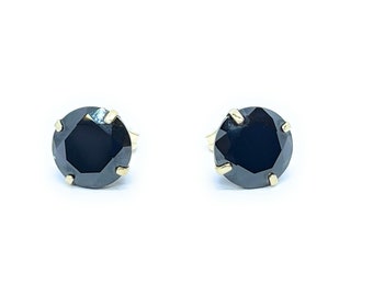 ADIRFINE 14K Solid Gold Basket Set Round Black Cubic Zirconia Studs Earrings | 2mm 3mm 4mm 5mm 6mm 7mm 8mm CZ Studs