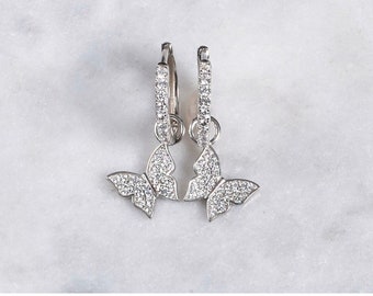 ADIRFINE 925 Sterling Silver dangling Butterfly Huggie Hoop Earrings