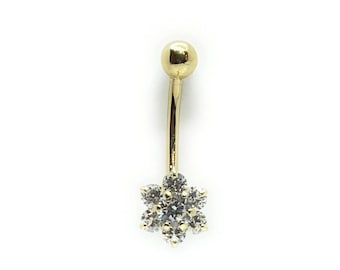 ADIRFINE 14K Solid Gold Banana Bar Flower Belly Button Ring