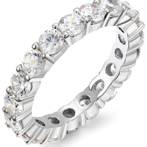 ADIRFINE 18K White Gold Plated 4MM Round Brilliant Cut Cubic Zirconia Eternity Band