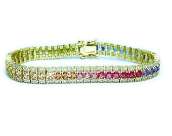 ADIRFINE 925 Sterling Silver Gold Plated Multi Colored Cubic Zirconia Tennis Bracelet