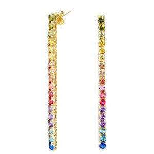May include: A pair of long, gold earrings with a rainbow of colorful gemstones. The earrings are made of a thin gold chain with small, round gemstones in a gradient of colors, from green to blue.