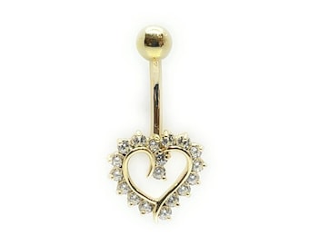 ADIRFINE 14K Solid Gold Banana Bar Heart Belly Button Ring