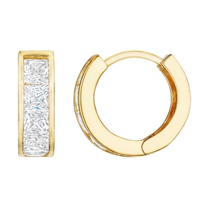 ADIRFINE 14K Solid Gold Channel Set Square Cubic Zirconia Huggie Hoop Earrings