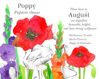 August Birthday Card Language of Flowers Poppies Gladiolus Botanical