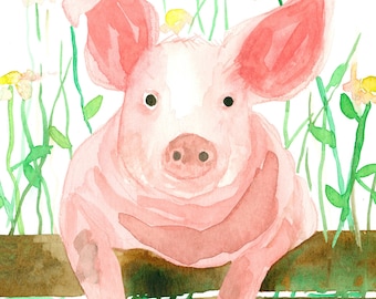 Pig Greeting Card Farm Barnyard Piglet Animal Illustration