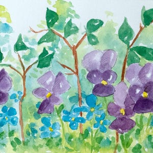 Peinture originale de violettes fleurs violettes printemps jardin plante fleurie petit art