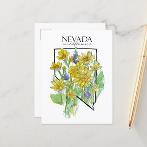 Cartes postales du Nevada Oiseau bleu Crotale Fleurs sauvages Paysage désertique Aquarelle