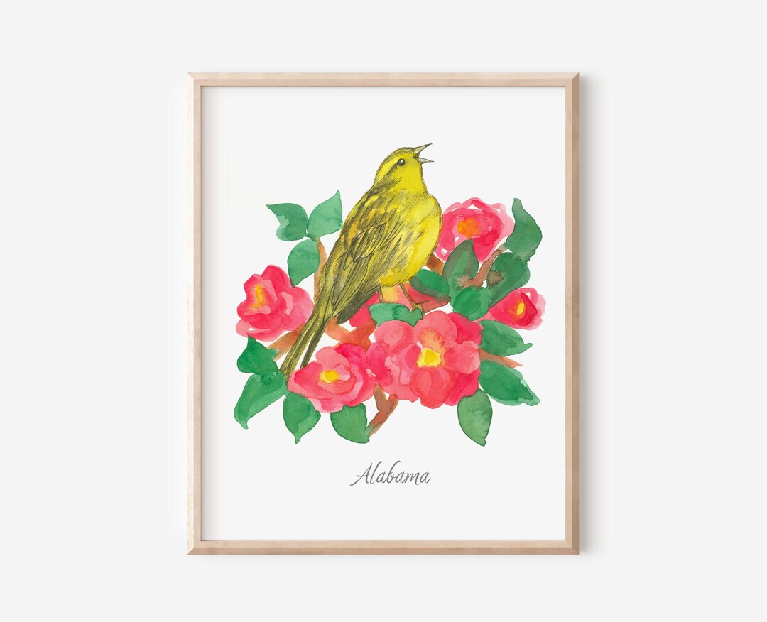 Alabama State Bird Art Print Yellowhammer Camellia Flower Watercolor - Etsy