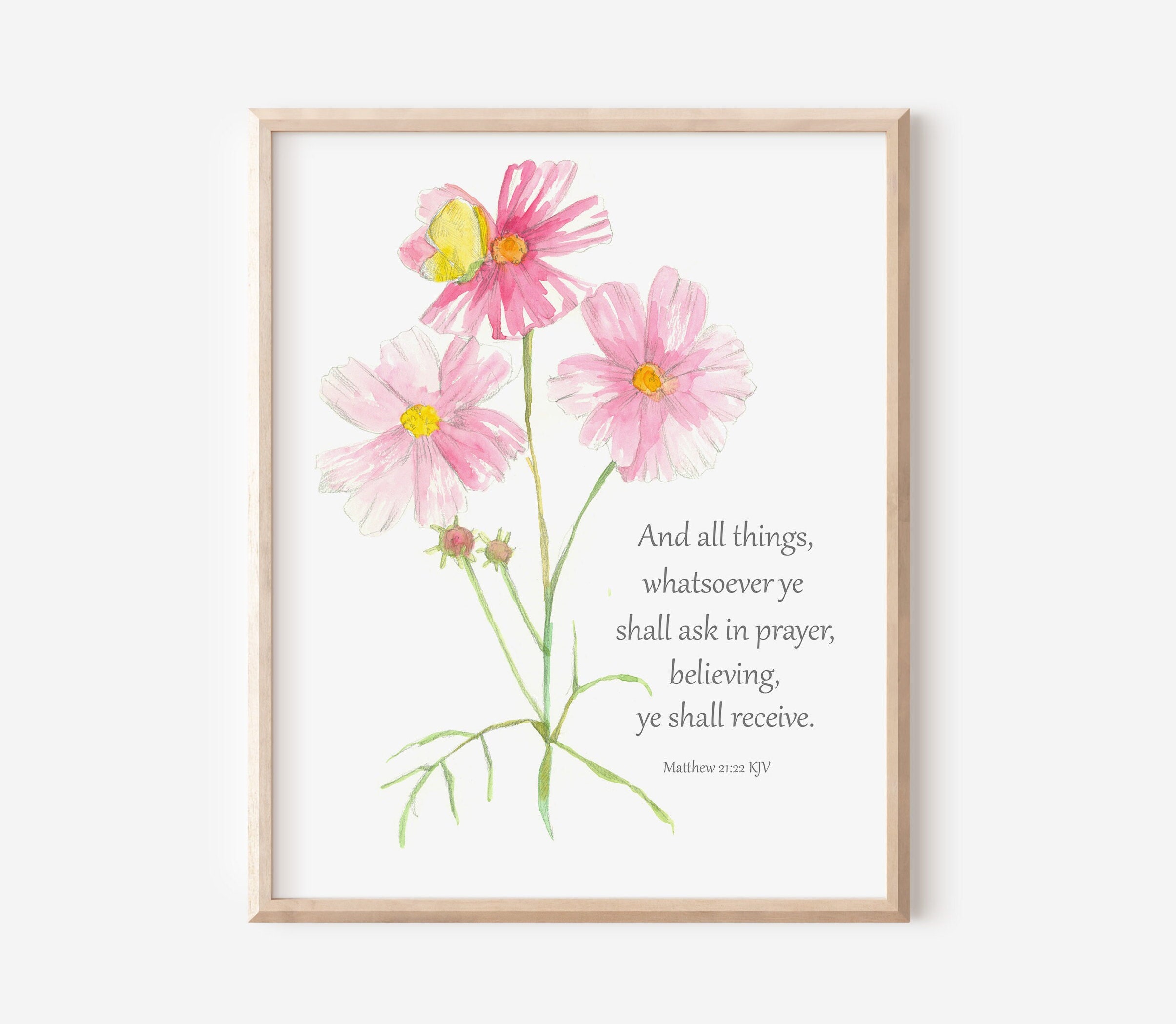Pink Scriptures Scripture Matthew Bible Verse Pink Cosmos Watercolor Flowers Fine Art ...