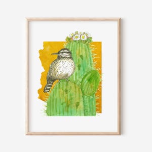 Arizona State Bird Art Print Cactus Wren Saguaro Flower Watercolor