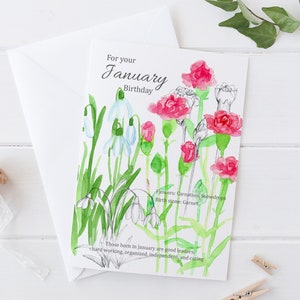 January Birthday Snowdrops Carnations Botanical Blank Greeting Card image 2