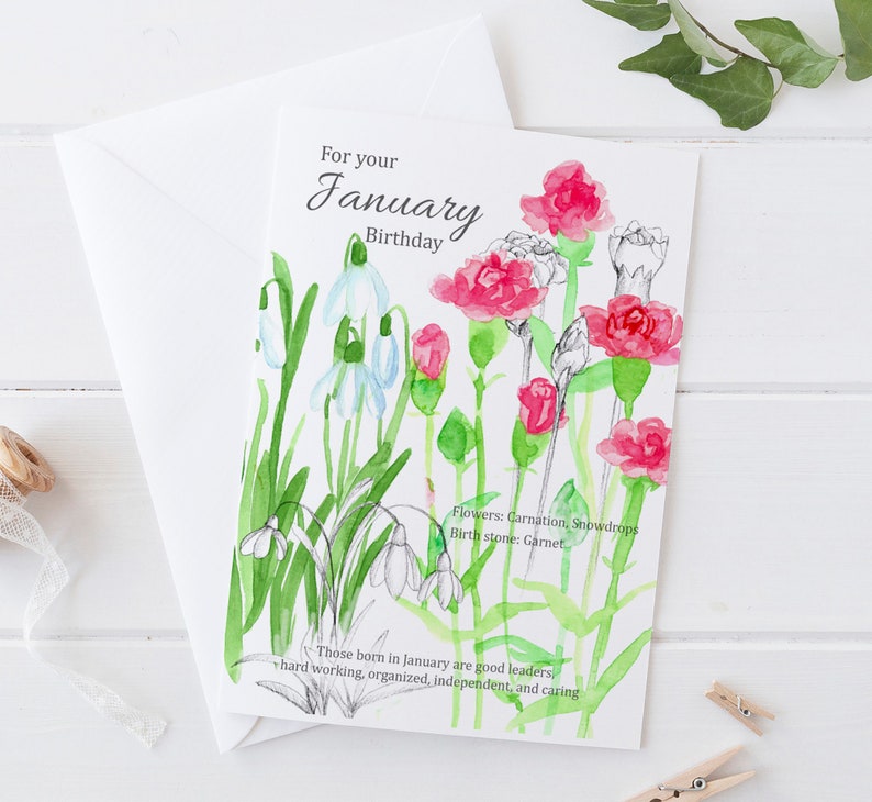 January Birthday Snowdrops Carnations Botanical Blank Greeting Card image 2