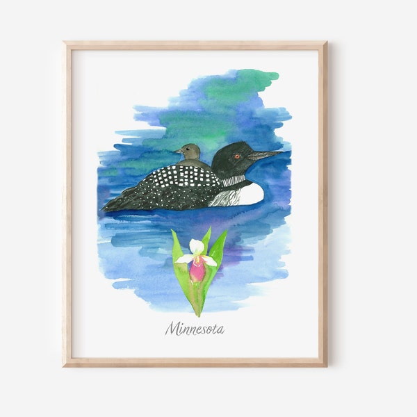 Minnesota State Bird Loon Lady Slipper Baby Loonlet Watercolor Fine Art Print