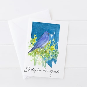 Cartão de felicitações de amor de Nevada Artemísia em forma de estado Bluebird aquarela pintada à mão