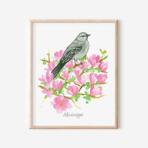 Mississippi State Bird Mockingbird Magnolia Watercolor Fine Art Print