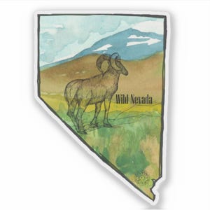 Sticker Nevada State Shape, Battleborn, Bighorn, fleurs sauvages, aquarelle