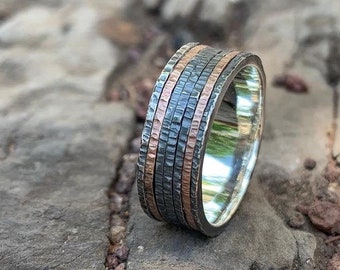 Hand Forged Ring Oxidized Silver, Oxidized Silver Band, Silver Mens Ring, Mans Oxidized Silver Ring, Handmade Silver & Gold ring