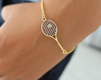 Mixed-metal Two Tone Handmade Tennis Bracelet Solid Gold and Diamond, Charm Handmade Bracelet, Tennis Racket Charm Solid Gold & Diamond
