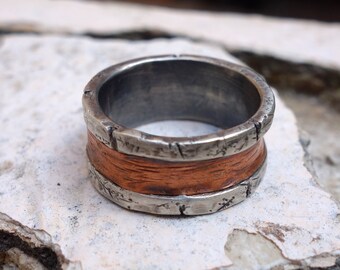 Sterling Silver & Copper Men's Ring, Silver Wedding Band, Copper Wedding Ring, Father's Ring, Rustic Mens Ring,  Wedding Band Unique