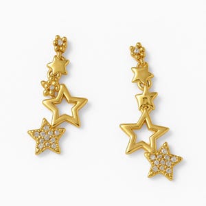 Dangle Star Diamond Earrings, Solid Gold Diamond Starburst Earrings, Diamond Star Earrings, Star Charm Earrings Gold & Diamonds