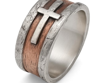 Sterlingzilveren kruisring voor mannen of vrouwen, ambachtelijke christelijke ring, handgemaakte religieuze sieraden, brede zilveren kruisband, cadeau, geloofsring
