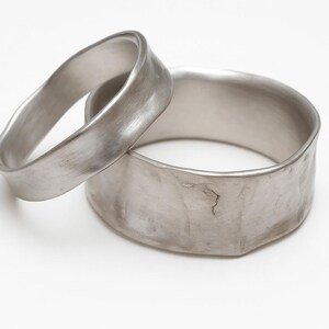 Hammered 14k White Gold Wedding Bands Set: Matching Silver Rings for Couples