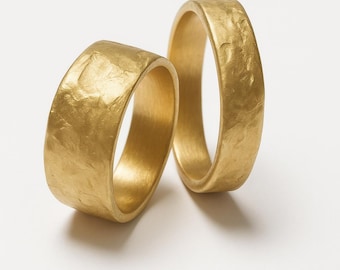Textured Solid Gold Wedding Rings, 14K 18K 22K His Hers Band