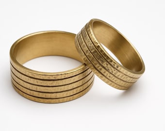 Handmade 18k Yellow Gold Hammered Wedding Band Set - Texture Matching Rings