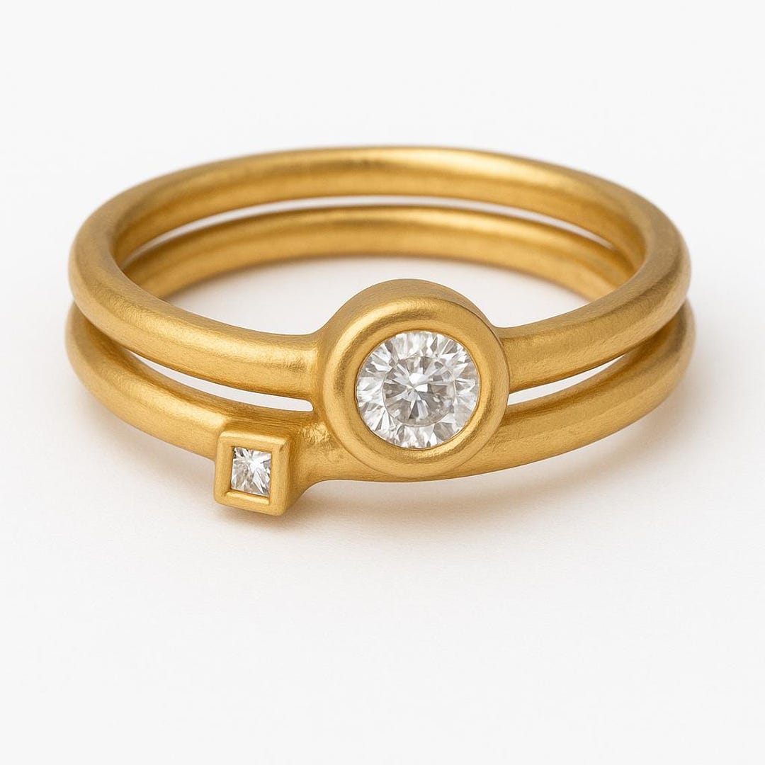 2 Stacking Rings 18k Solid Gold Set Diamond - Solitaire Rings ...
