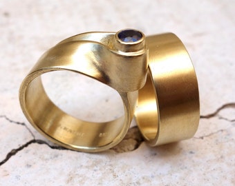Blue Sapphire Gold Ring, Bridal Set, Artistic Jewelry, Art Deco Ring Woman, Celtic Bridal Set, Wedding Ring Set, Fine Yellow Gold Bridal